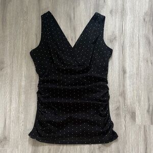 Black Sleeveless V-Neck Top with White Polka Dots